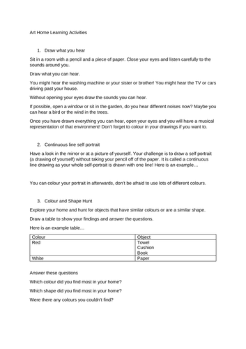 Home Learning Activities Year 2 Art