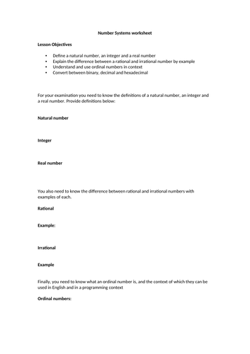 AQA A-level CS - Number systems worksheet