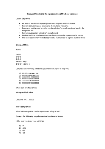 AQA A-level CS - Binary Arithmetic Worksheet