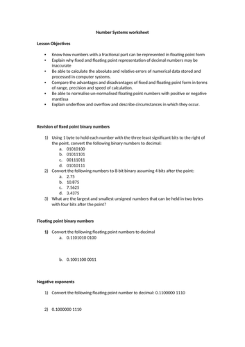 AQA A-level CS - Floating Point representation worksheet