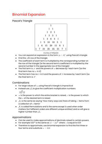 OCR MEI Mathematics: Year 1 (AS) Pure - Binomial Expansion Cheat Sheet