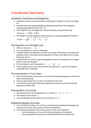 OCR MEI Mathematics: Year 1 (AS) Pure - Coordinate Geometry Cheat Sheet