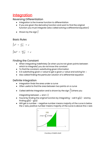 Ocr Mei Mathematics Year 1 As Pure Integration Cheat Sheet Teaching Resources 