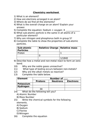 CHEMISTRY WORKSHEET | Teaching Resources