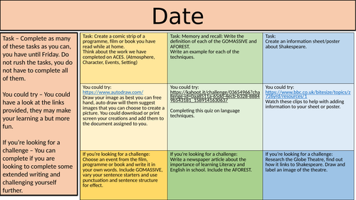KS3 Lock down Task Board