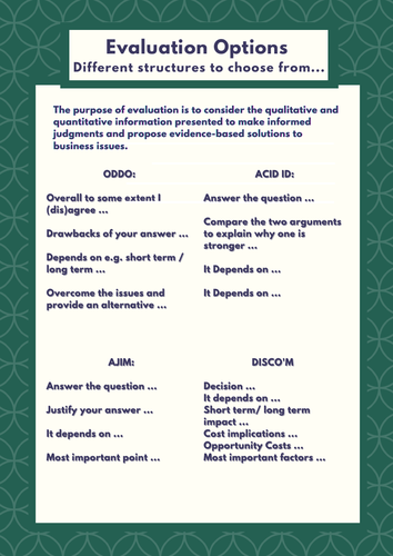 AQA A Level Business Evaluation Structure Options