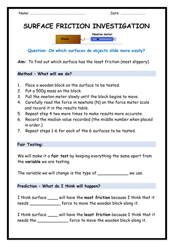 Surface Friction - Science Investigation