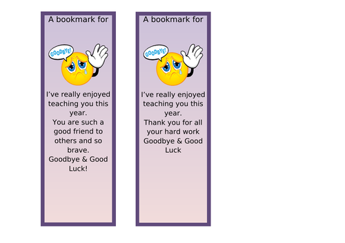 Goodbye Gift Personalised Class Bookmarks