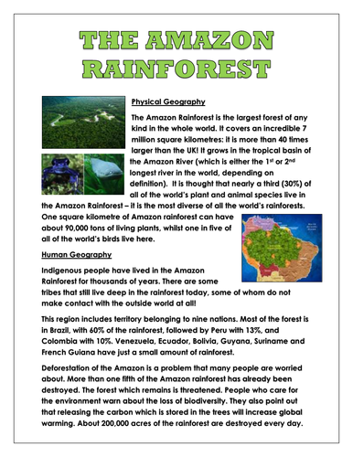 Amazon Rainforest Information Sheet (Physical and Human Geography)