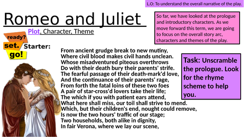 Romeo and Juliet - FULL 2 LESSONS - A1,S1 - PLOT, CHARACTER, THEME - Mixed media, questions & tasks