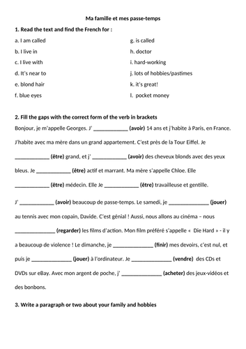 Present tense practice in context  of Ma famille et mes passe-temps