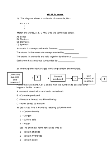 GCSE SCIENCE - C1A PRODUCTS FROM ROCK, 1.1 TO 1.6 QUESTION WORKSHEET