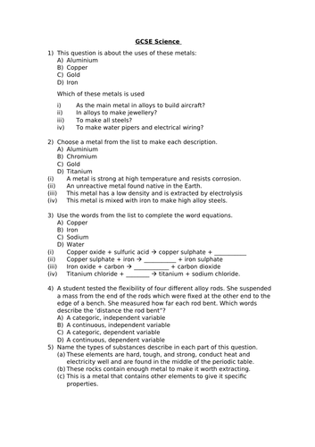 GCSE SCIENCE, C1A PRODUCTS FROM ROCK, 2.1 TO 2.7 QUESTION WORKSHEET