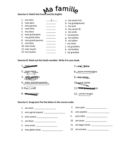 French family members worksheet KS3