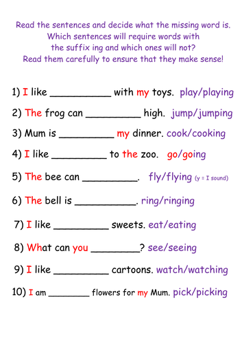 Suffixes ing Missing Word Sentences