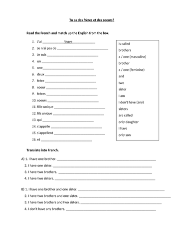 French brothers and sisters worksheet KS3