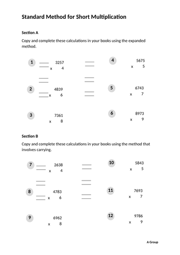 year 5 6 standard method for short multiplication worksheet teaching resources