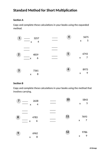 Year 5 / 6 Standard Method for Short Multiplication Worksheet