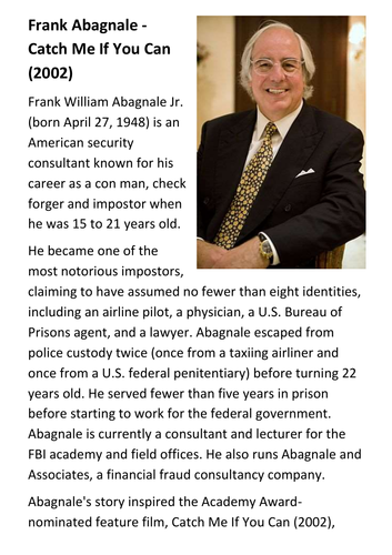 Catch Me If You Can Age Rating Frank Abagnale - Catch Me If You Can Handout | Teaching Resources