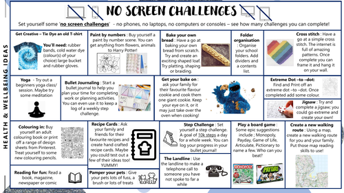 No Screen Challenge  - Wellbeing activities