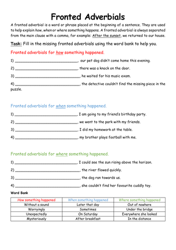 Fronted Adverbials Differentiated Worksheets