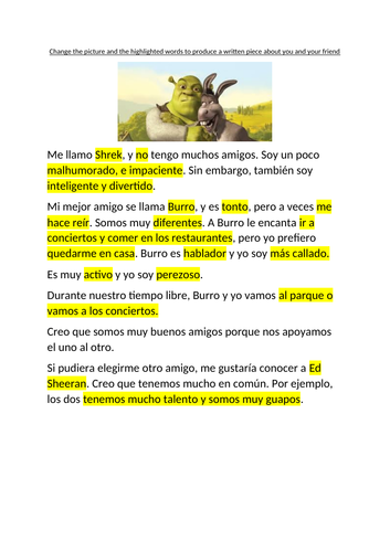 Shrek y Burro - los amigos - Relationships with friends reading comp and writing stimulus