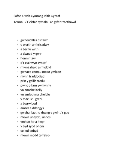 geirfa / cymalau/ dywediadau ae gyfer traethawd Cymraeg safon uwch