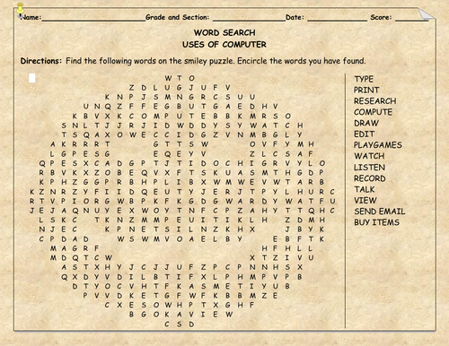 USES OF COMPUTER-WORD SEARCH(SMILEY PUZZLE)