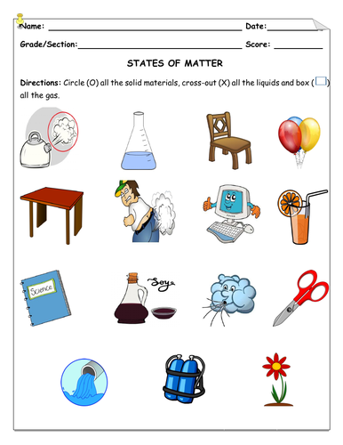 States of Matter- Solid, Liquid, Gas Worksheet