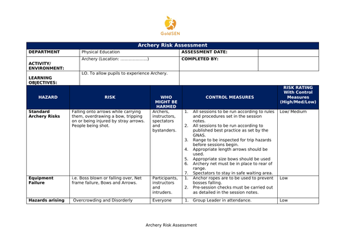 Archery Risk Assessment | Teaching Resources