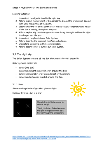 KS3_Secondary 1 checkpoint_worksheet and revision : The Earth and beyond