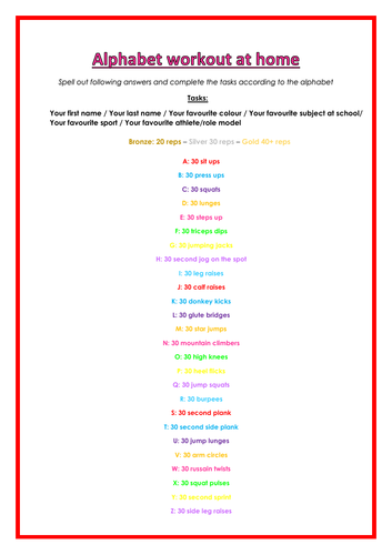 Alphabet Workout At Home Lockdown Pe Teaching Resources