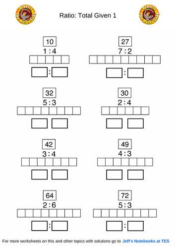 Ratio worksheets (parts from whole and whole and part from part)
