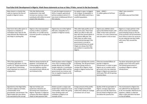 True/False Grids, AQA GCSE Geography Paper 2