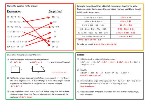 Collecting Like Terms Worksheets