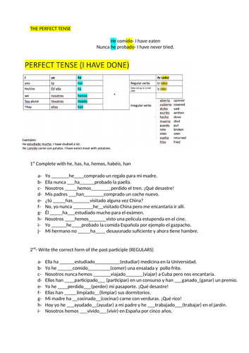 THE PERFECT TENSE IN SPANISH INCLUDING ACABO DE (WORKSHEET AN SOLUTIONS)