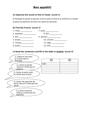 French food worksheet and wordsearch KS3