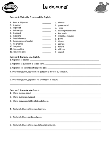 French food worksheet (meals - lunch)