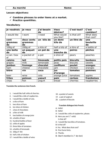 French food shopping and quantities worksheet
