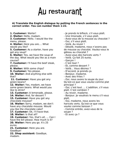 French restaurant food worksheet