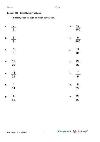 Fractions - Worksheets for Lessons 16 - Lesson 19
