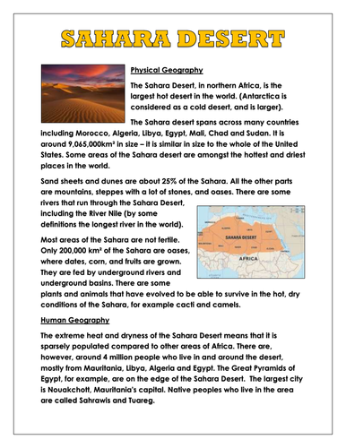 Sahara Desert Information Sheet (Physical and Human Geography)