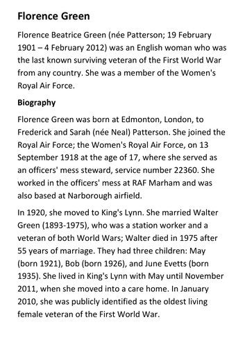 Florence Green last known surviving veteran of the First World War Handout