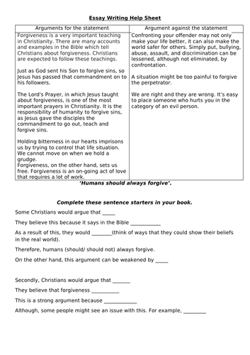 Forgiveness - Exam 12 Mark Help Sheet