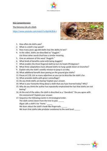 KS2 Comprehension - The Extreme Life of a Sloth