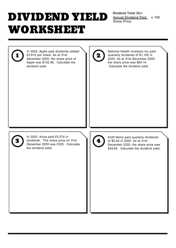 Calculating Dividend Yield Worksheet CISI Business Economics