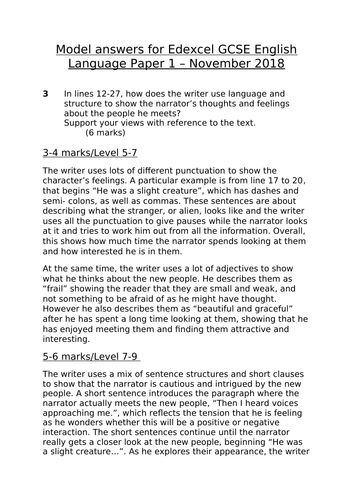 Levels 5,7 and 9 model answers (Edexcel GCSE English Language Paper 1 November 2018)