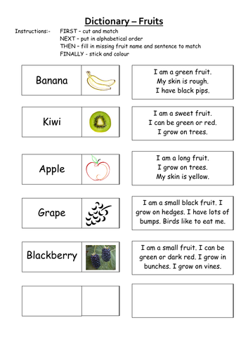 KS1 Worksheet - Dictionary - Fruits (2 versions)