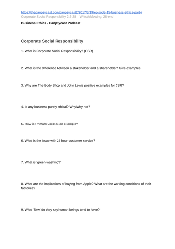 Business Ethics - Panpsycast Questions