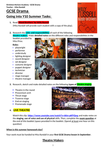 Transition into GCSE Drama Homework Booklet